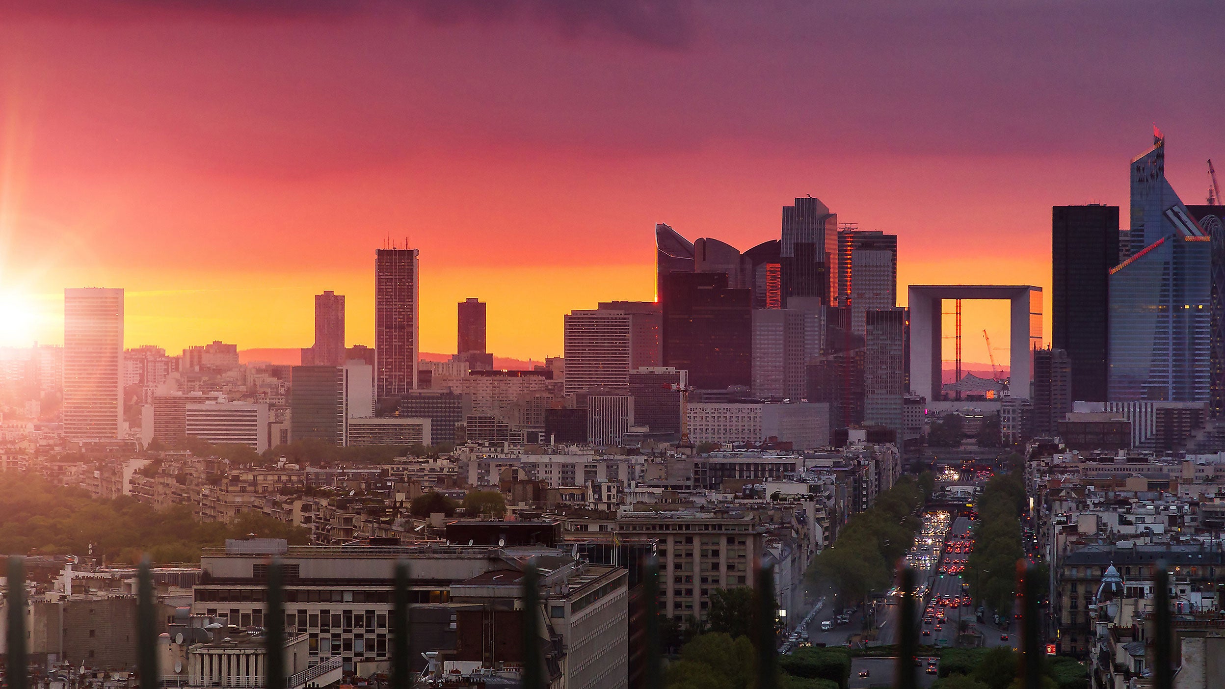 Overview of Paris skyline at sunset
