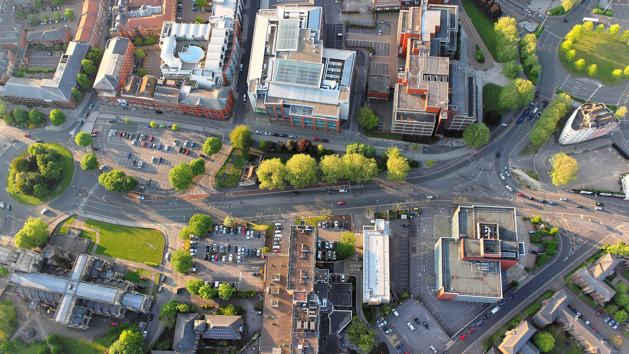 Aerial view of streets in neighborhood.