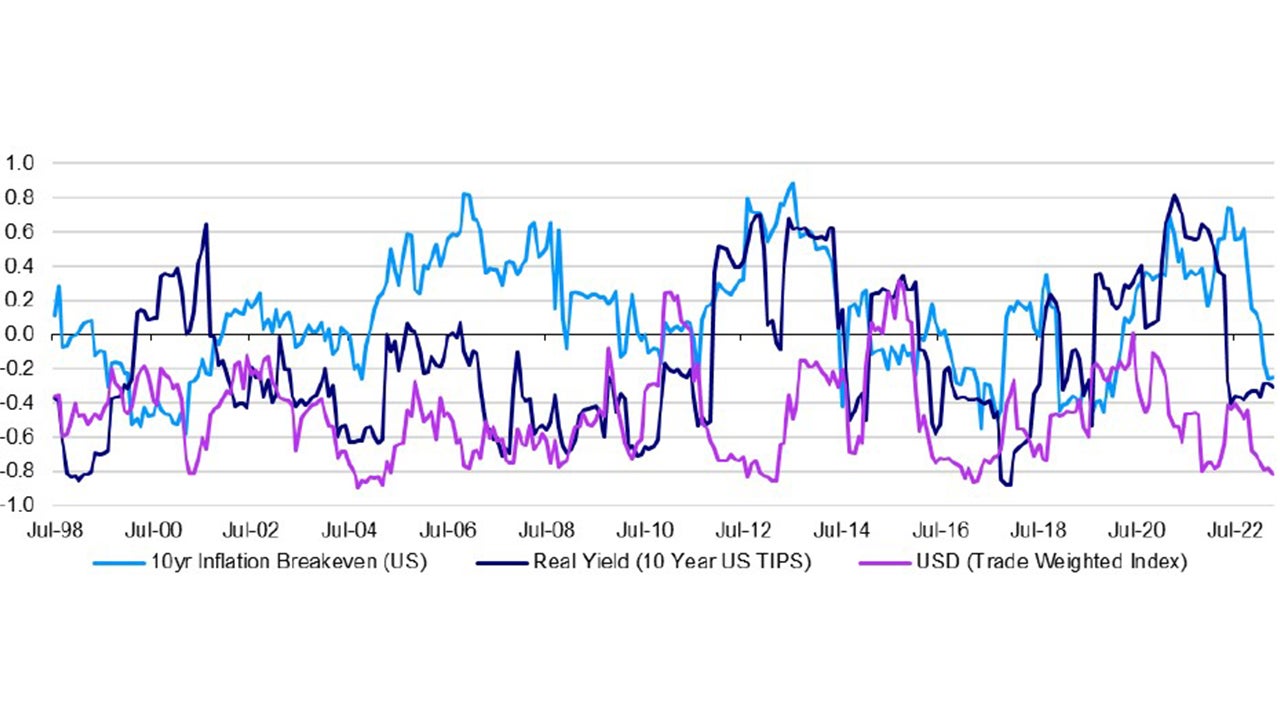 Figure 1 – Correlation coefficients between gold and select variables (rolling 12-month) 