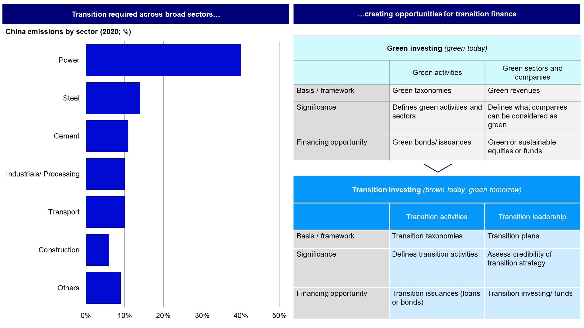 Figure 1 – Transition finance: Investing in transition finance can be enabled by taxonomies to facilitate issuances and frameworks to assess transition progress