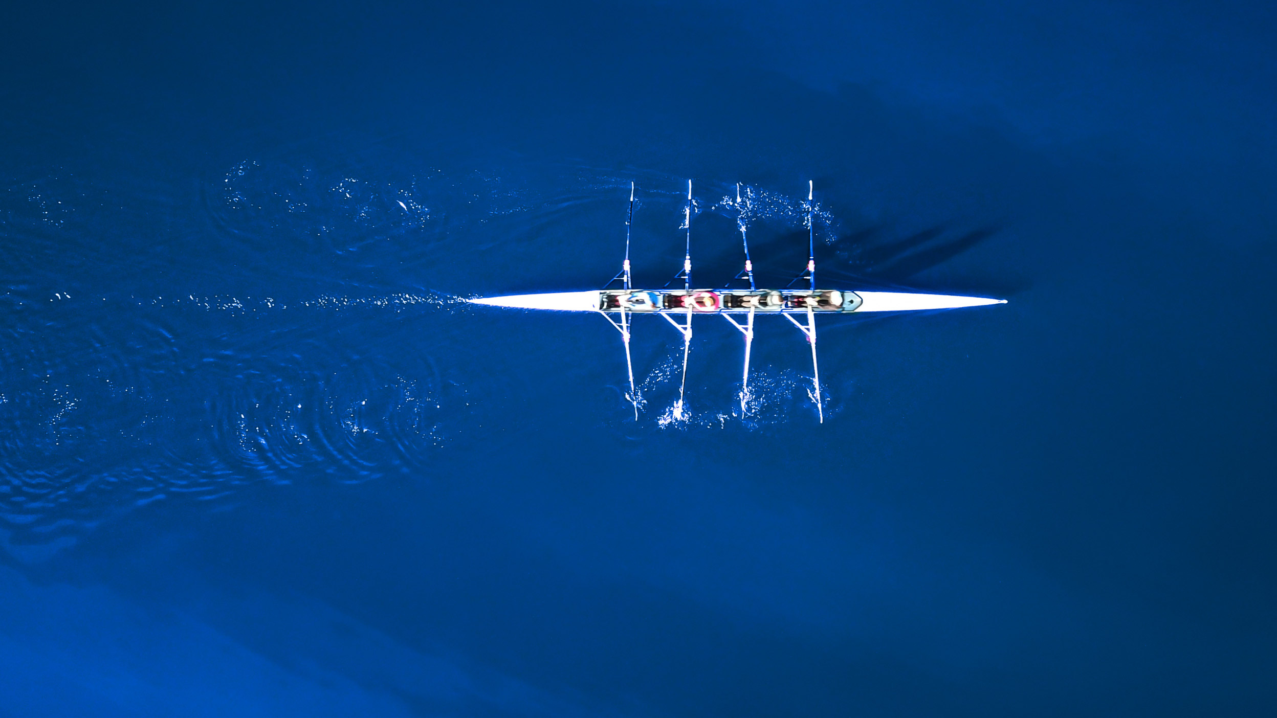 Overhead view of a four-person rowing crew rowing in sync across blue water.
