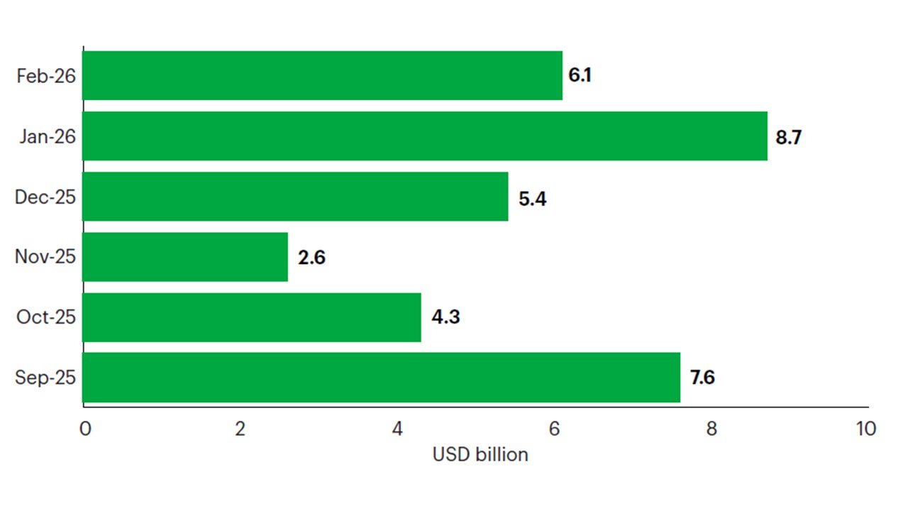 Figure 3: 6-month EM bond fund flows (USD bn)