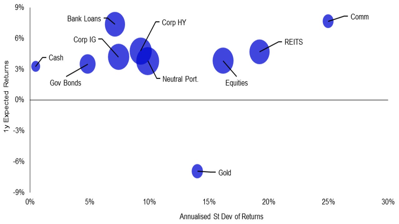 Figure 1: Projected 1-year return versus risk for global assets