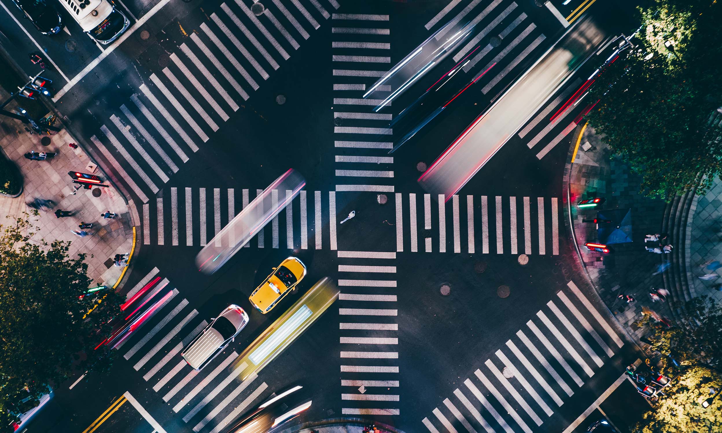 top view of the zebra crossings in busy city streets