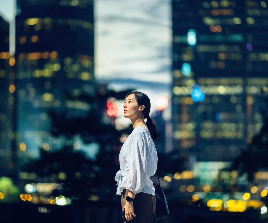 A woman in city center downtown