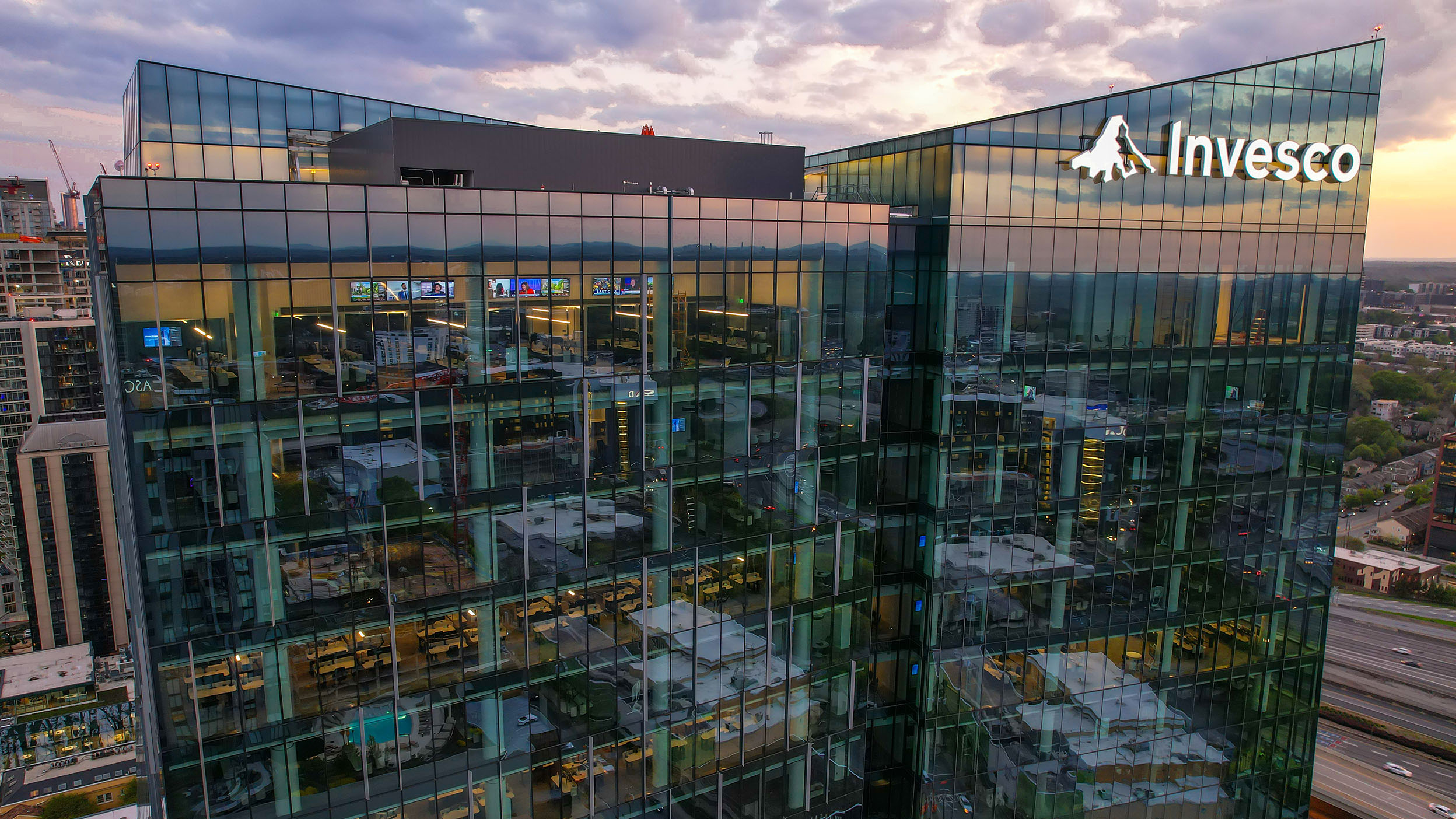 Invesco building top logo view