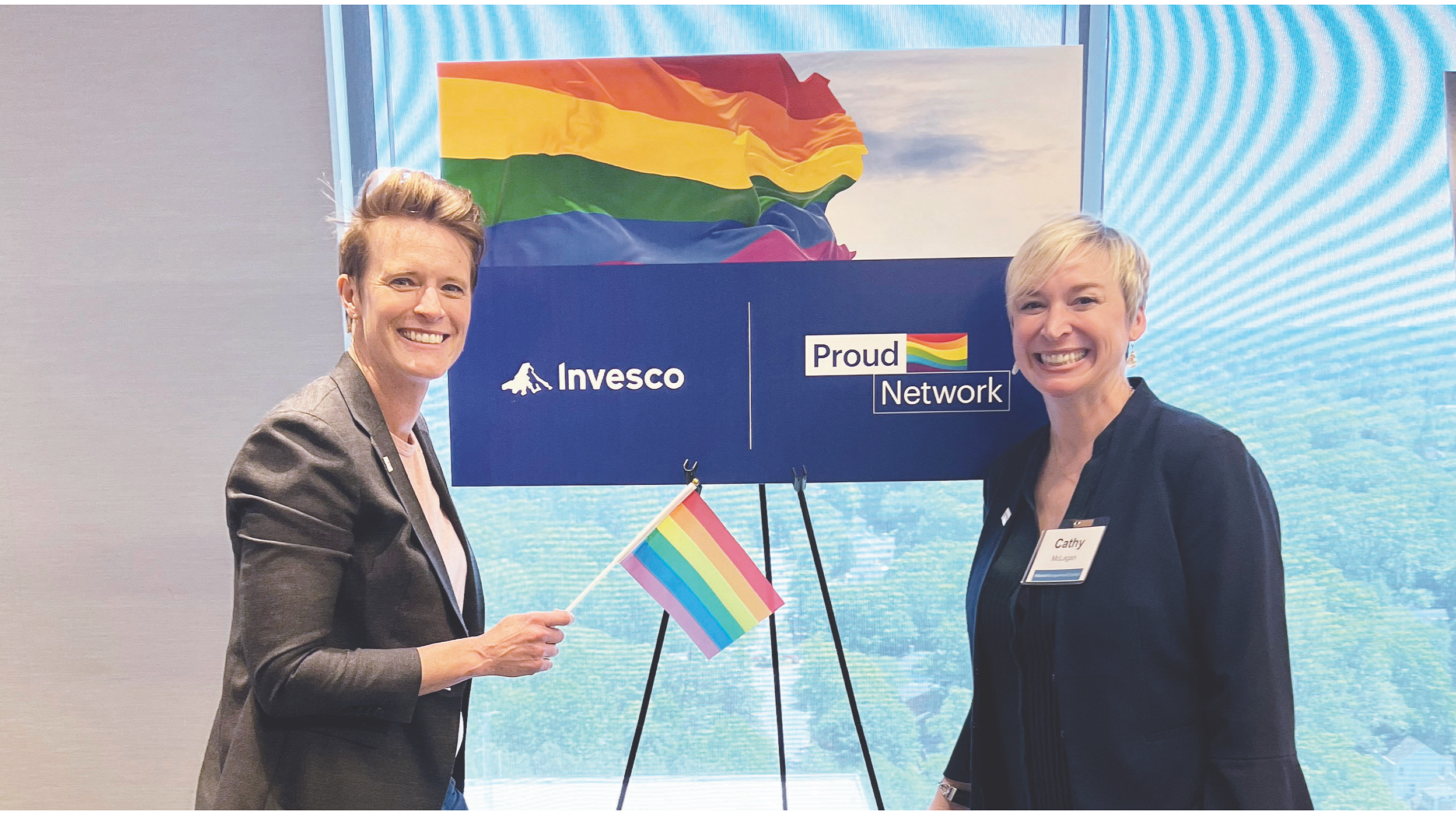 Invesco Proud Network members promoting upcoming LGBTQIA+ events