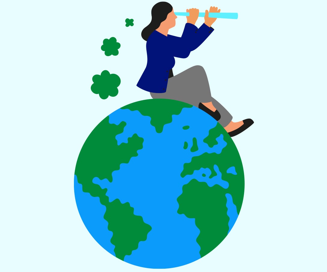 Graphic of woman sitting on globe using binoculars