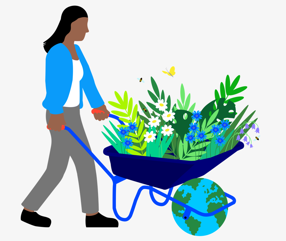 Illustration of woman pushing wheelbarrow full of plants and flowers 