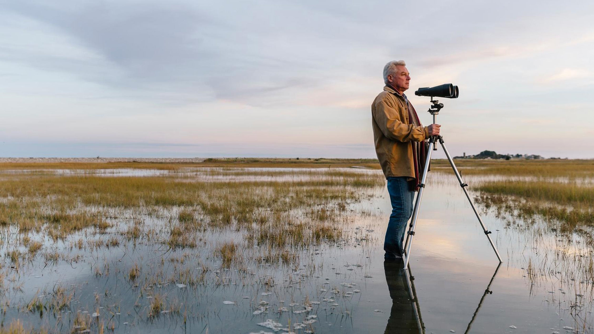 Senior citizen man Bird Watching with Binoculars on Marsh Landscape