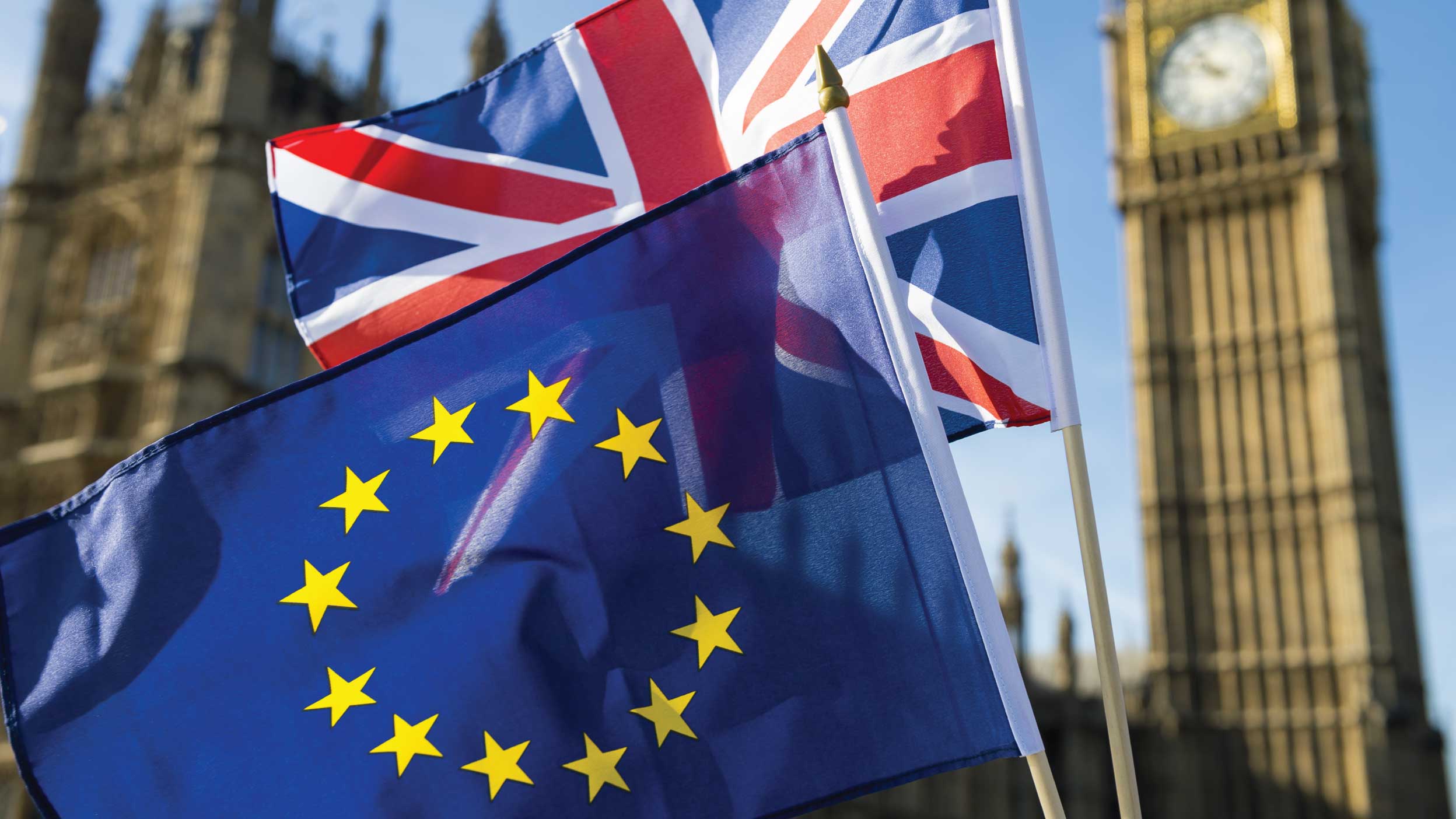 UK and EU flags wave in front of Big Ben