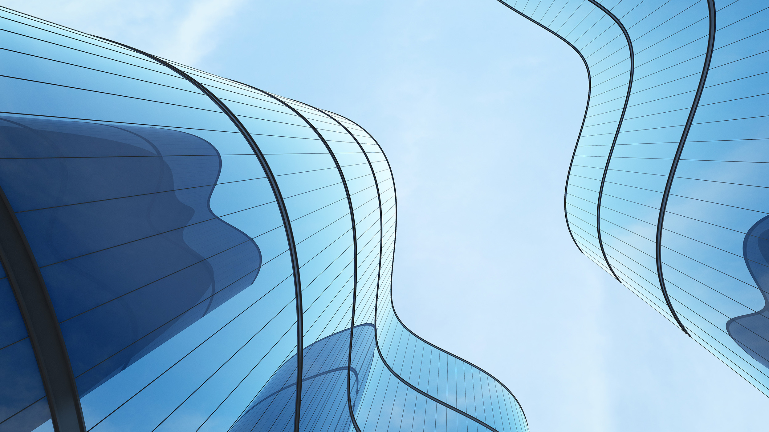 Low angle view of futuristic architecture, Skyscraper of office building with curve glass window, 3D rendering.
