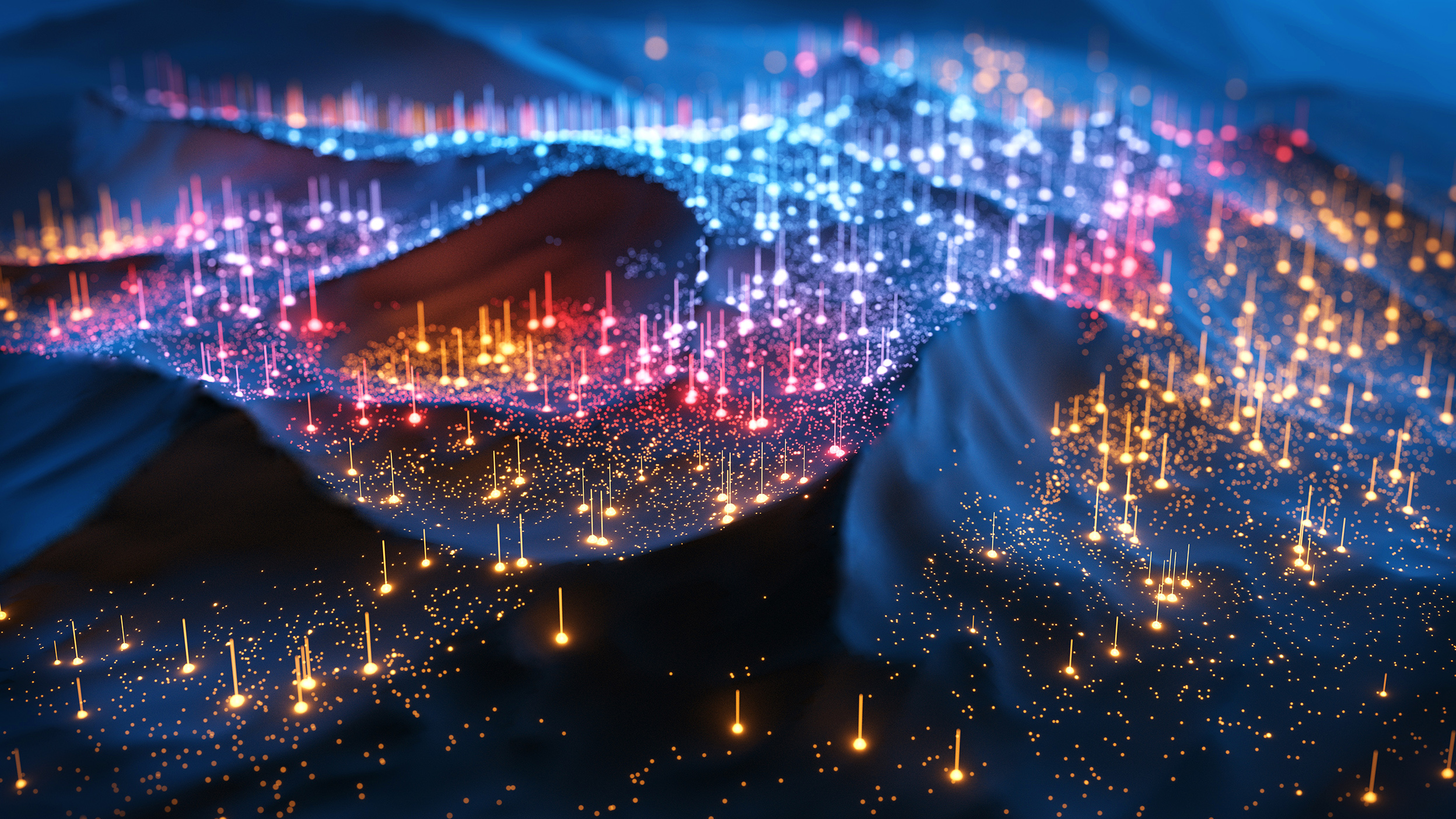 Abstract visualization of interconnected data points and digital information flowing across a landscape, representing data analytics, artificial intelligence, or investment intelligence.