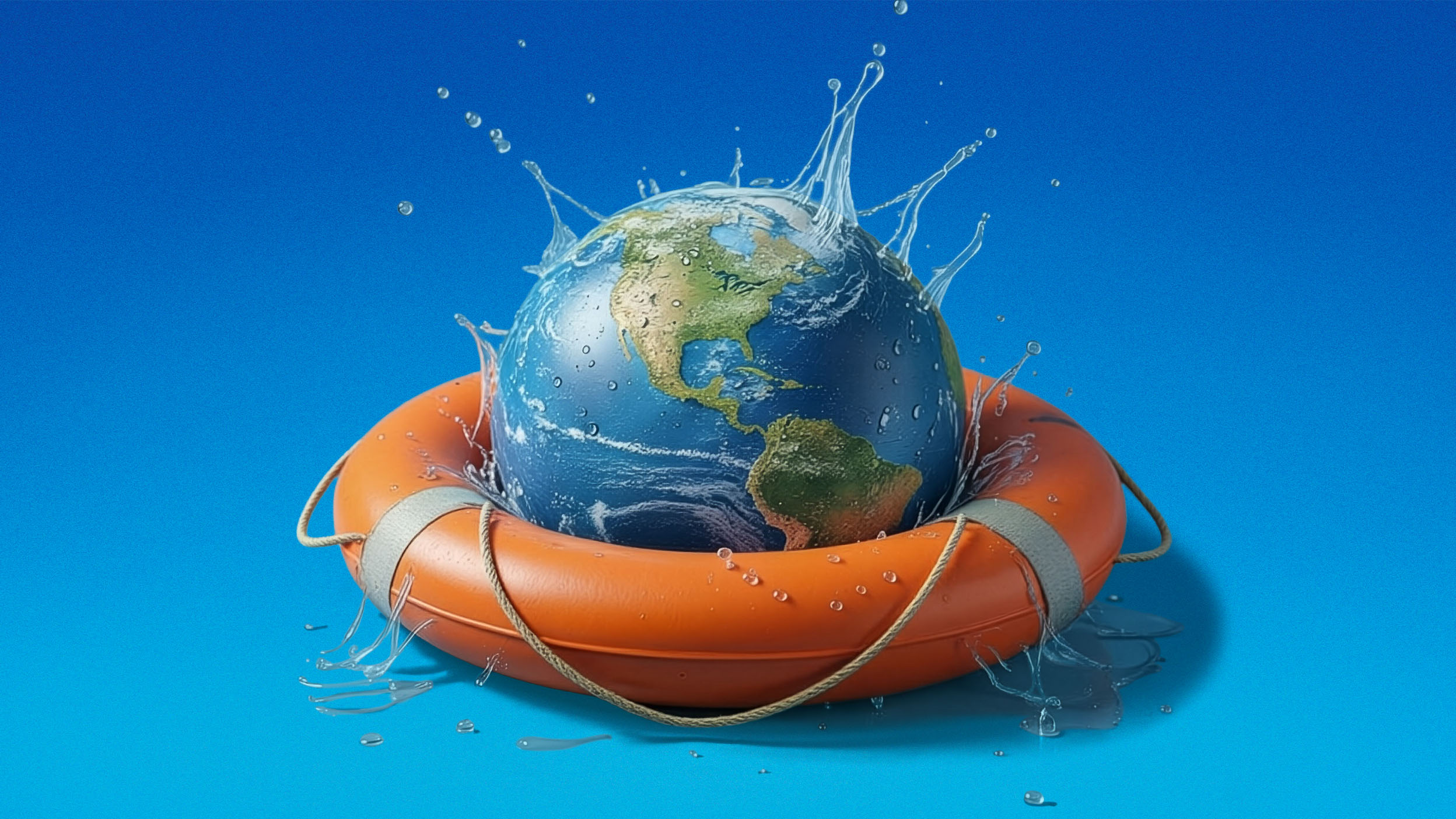 Globe splashing into a lifebuoy on a blue background