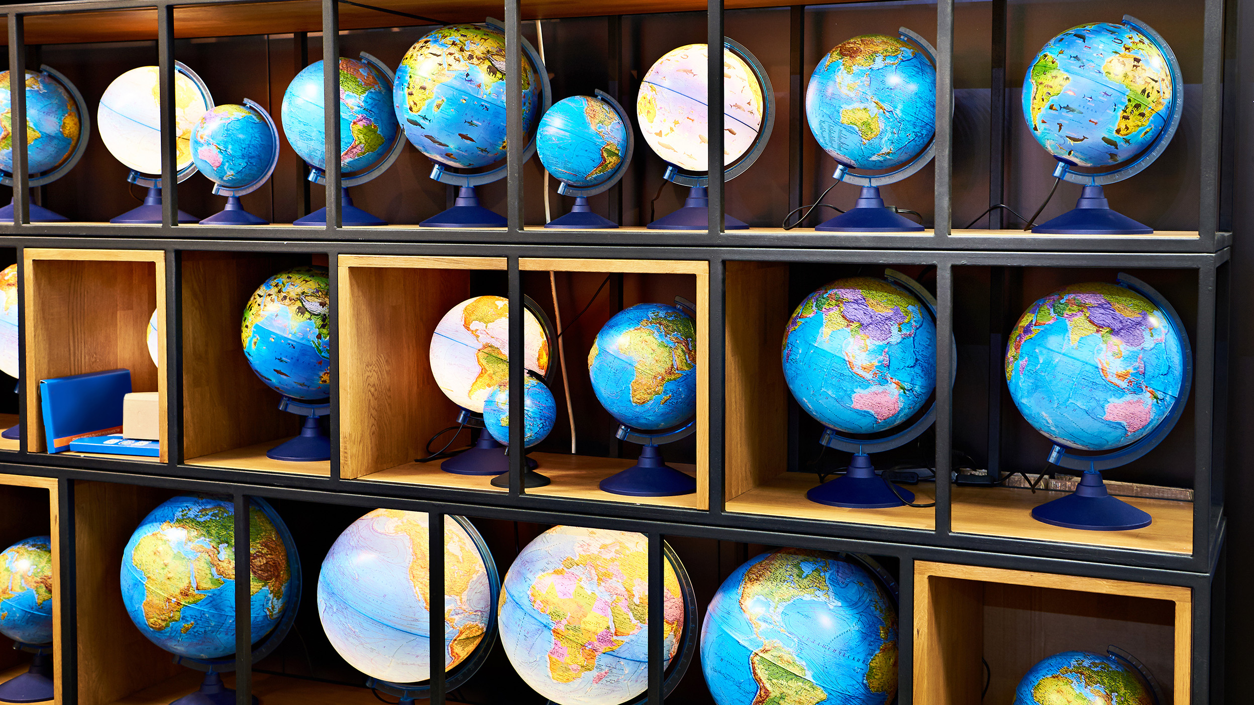 Geographic globes in a store