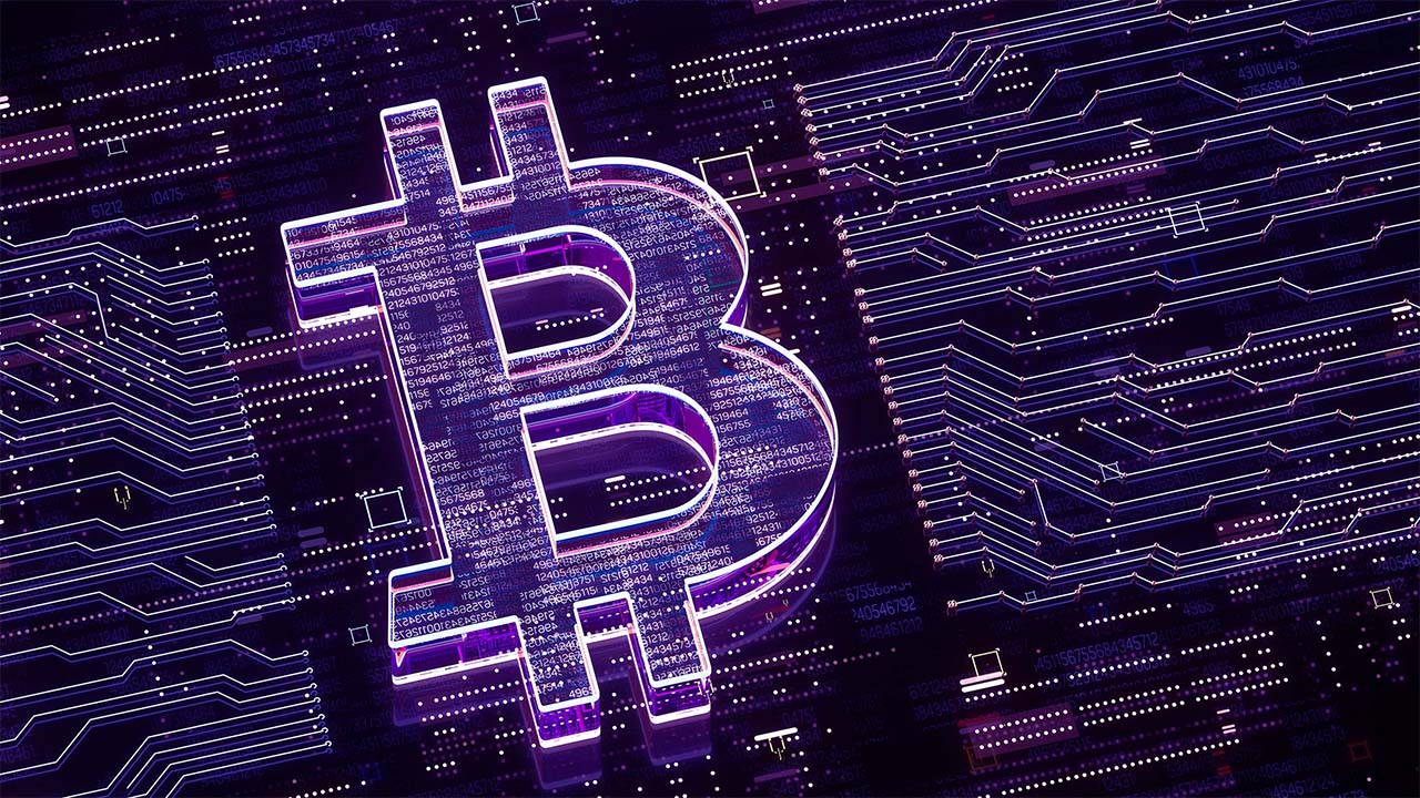 A neon purple B sits on a black circuit board. Learn how Invesco QQQ ETF offers indirect exposure to Bitcoin