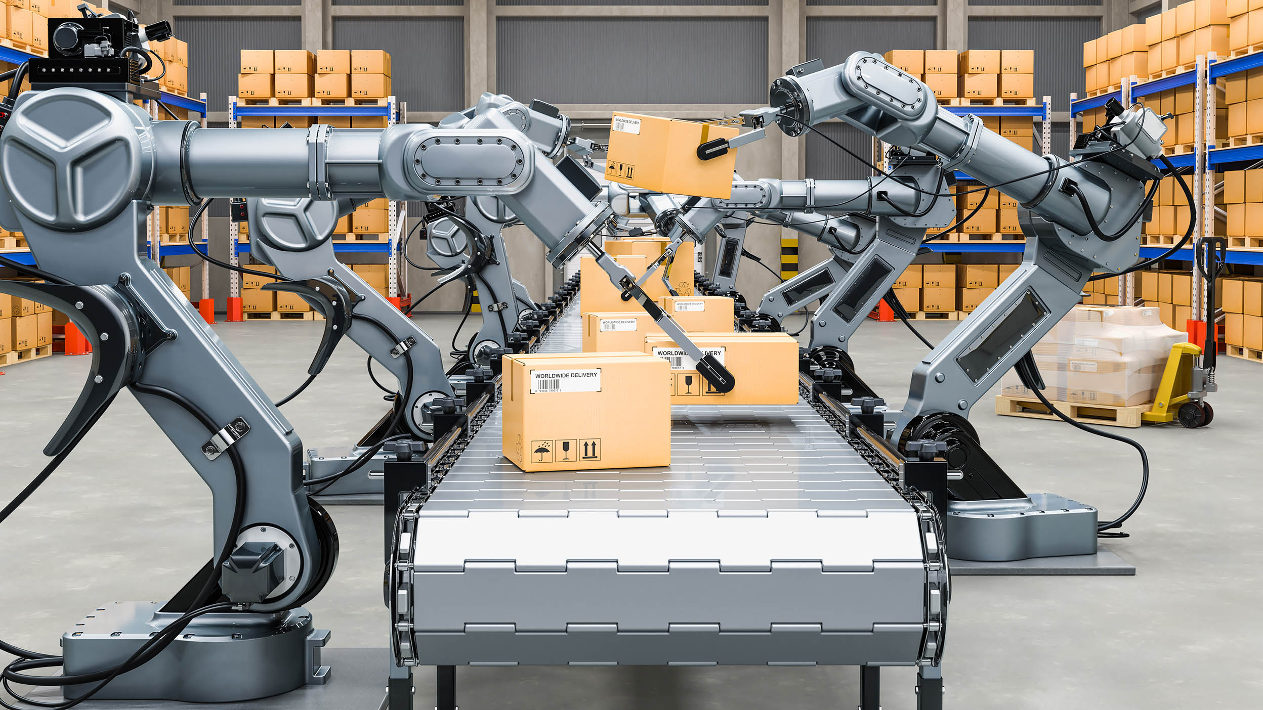 Robotic arms moving packages