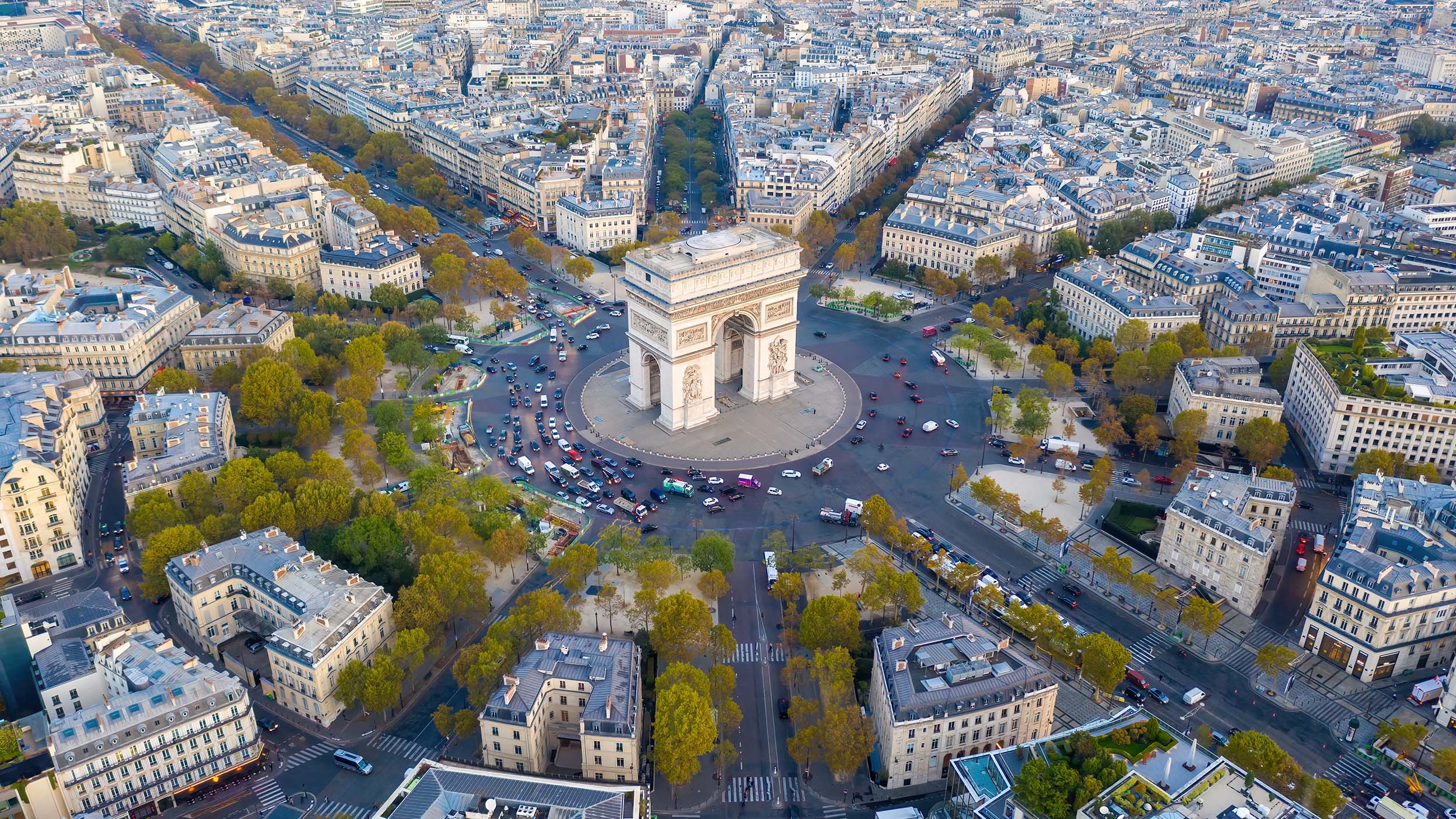 Aerial of Arch of Triumph and Place Charles de Gaulle in Paris, France.