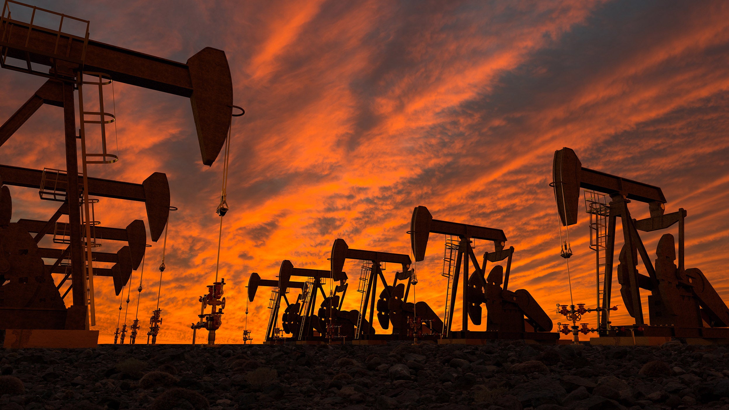 Pump jacks in an oil field during sunset.