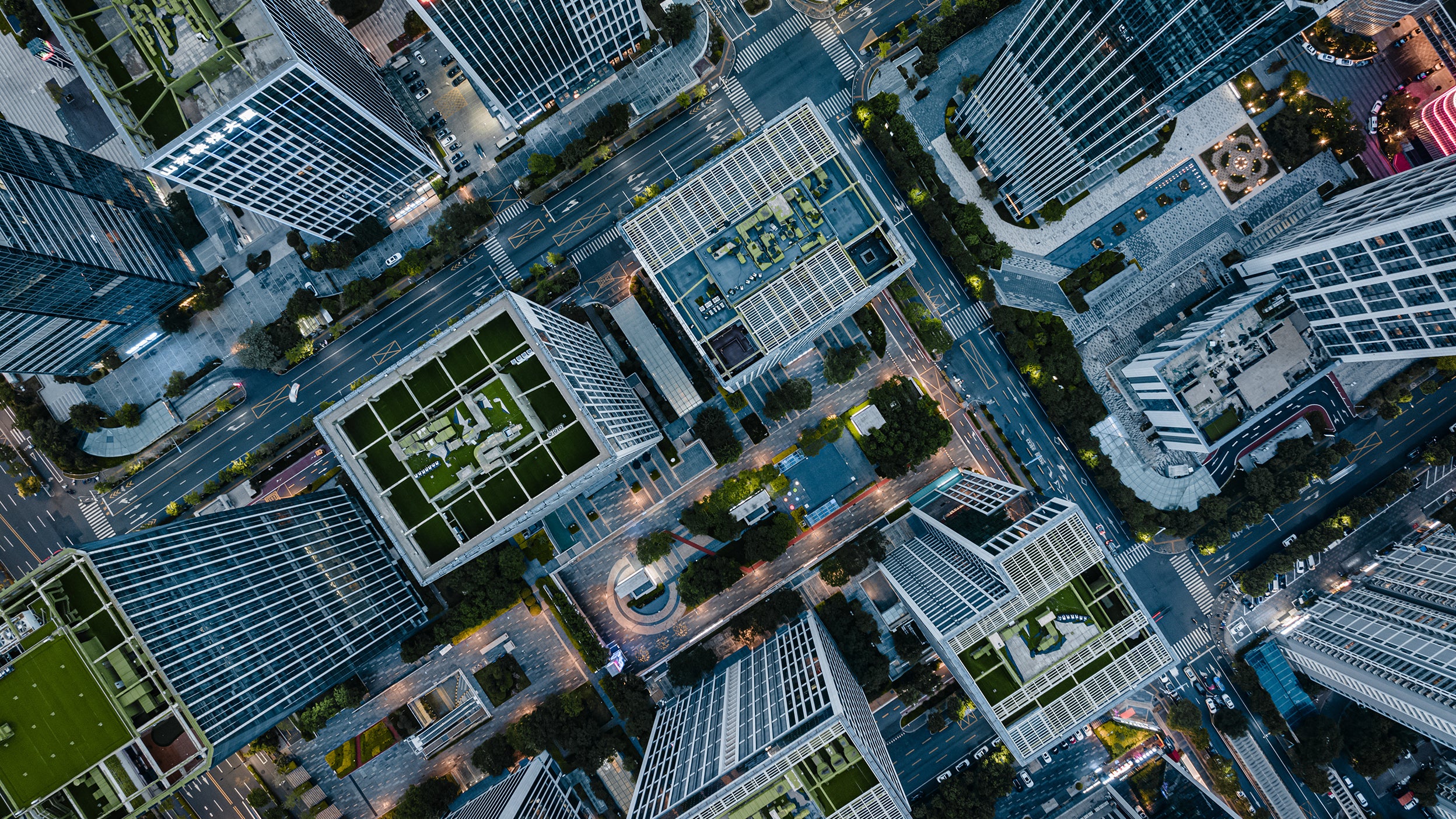 Aerial Bird View of Skyscrapers at Dusk / Jinan, Shandong, China