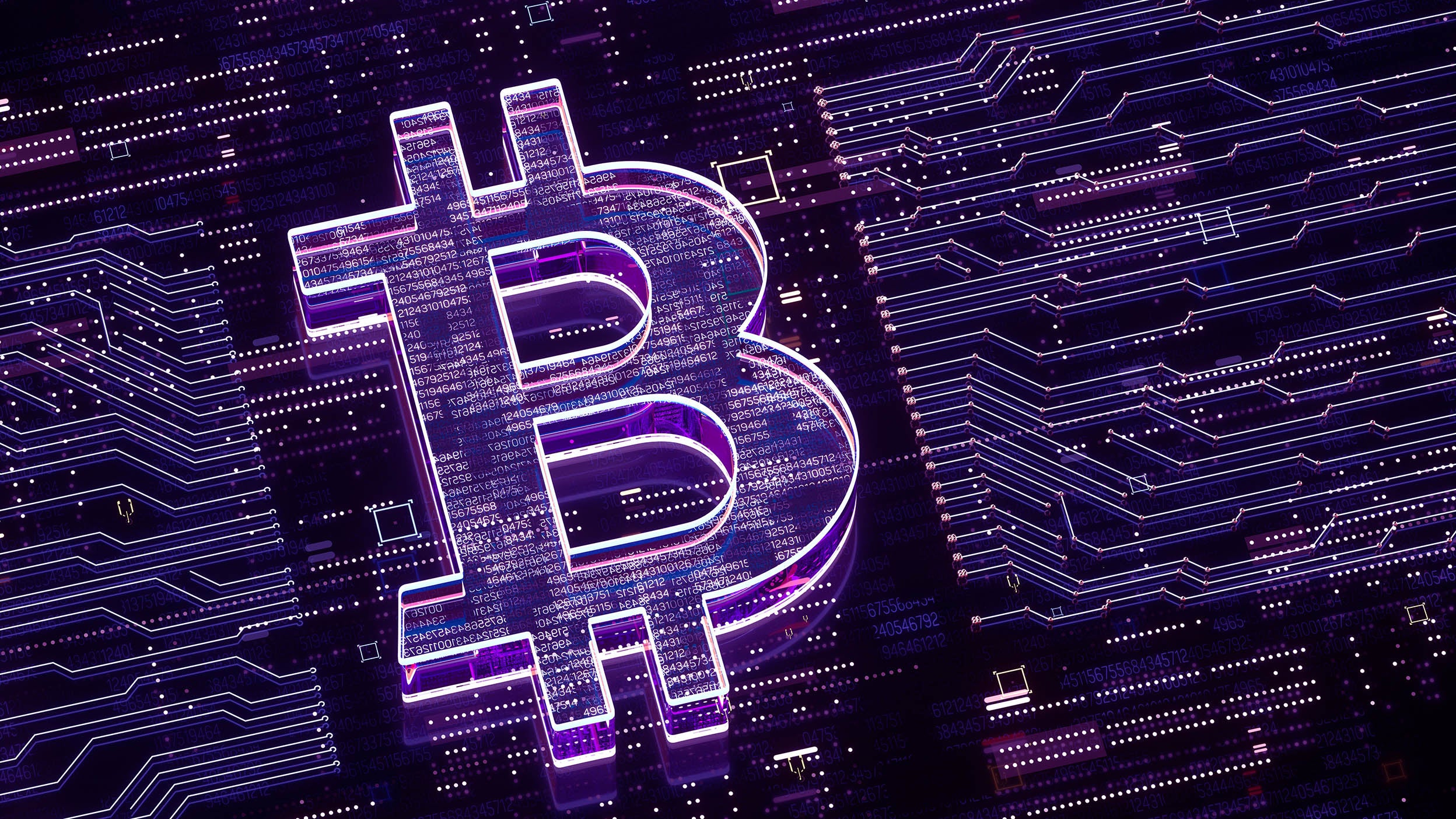 A neon purple B sits on a black circuit board. Learn how Invesco QQQ ETF offers indirect exposure to Bitcoin