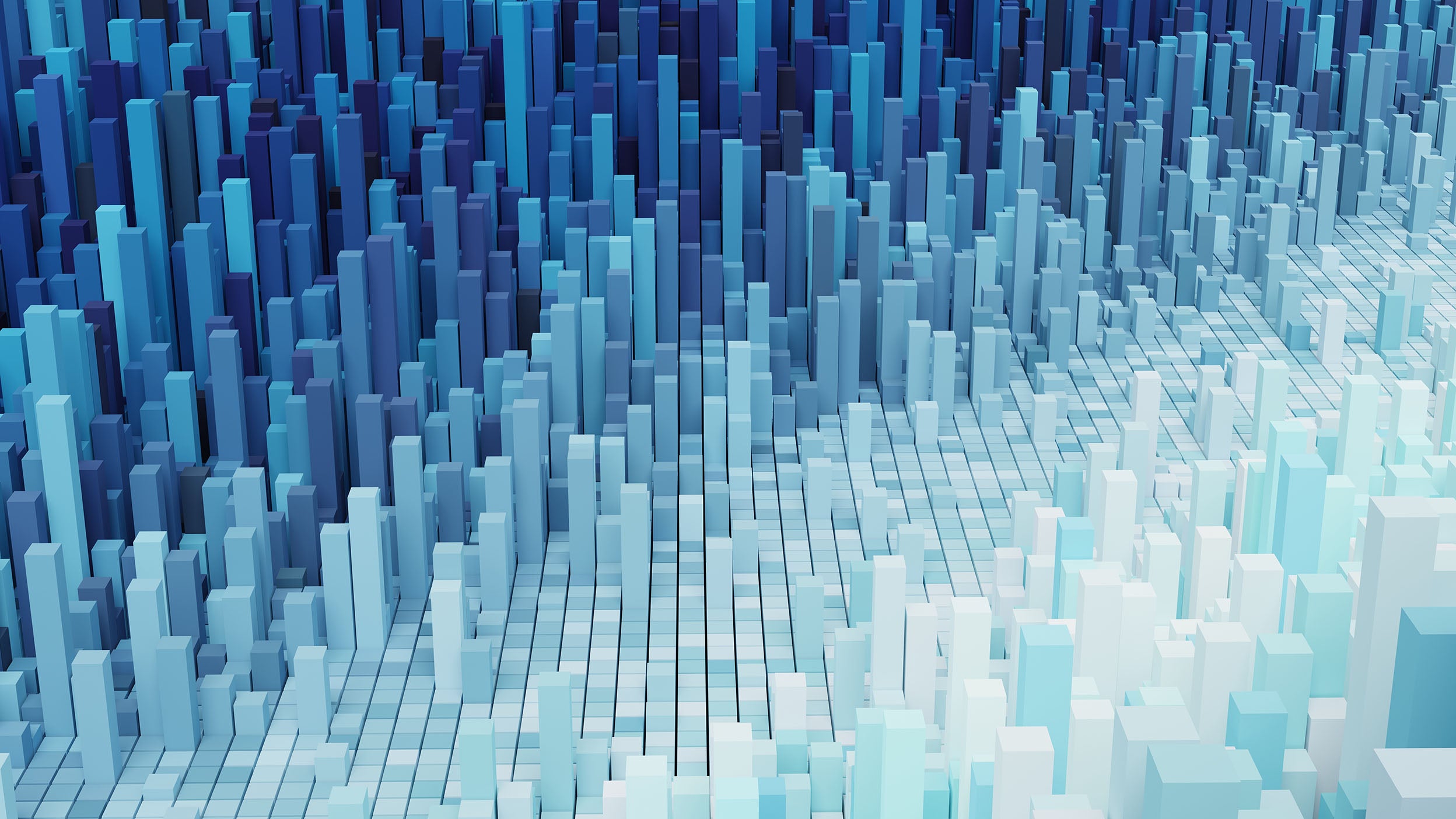  Three dimensional light and dark blue towers represents comparisons and the innovative thinking of Invesco QQQ ETF holdings companies.