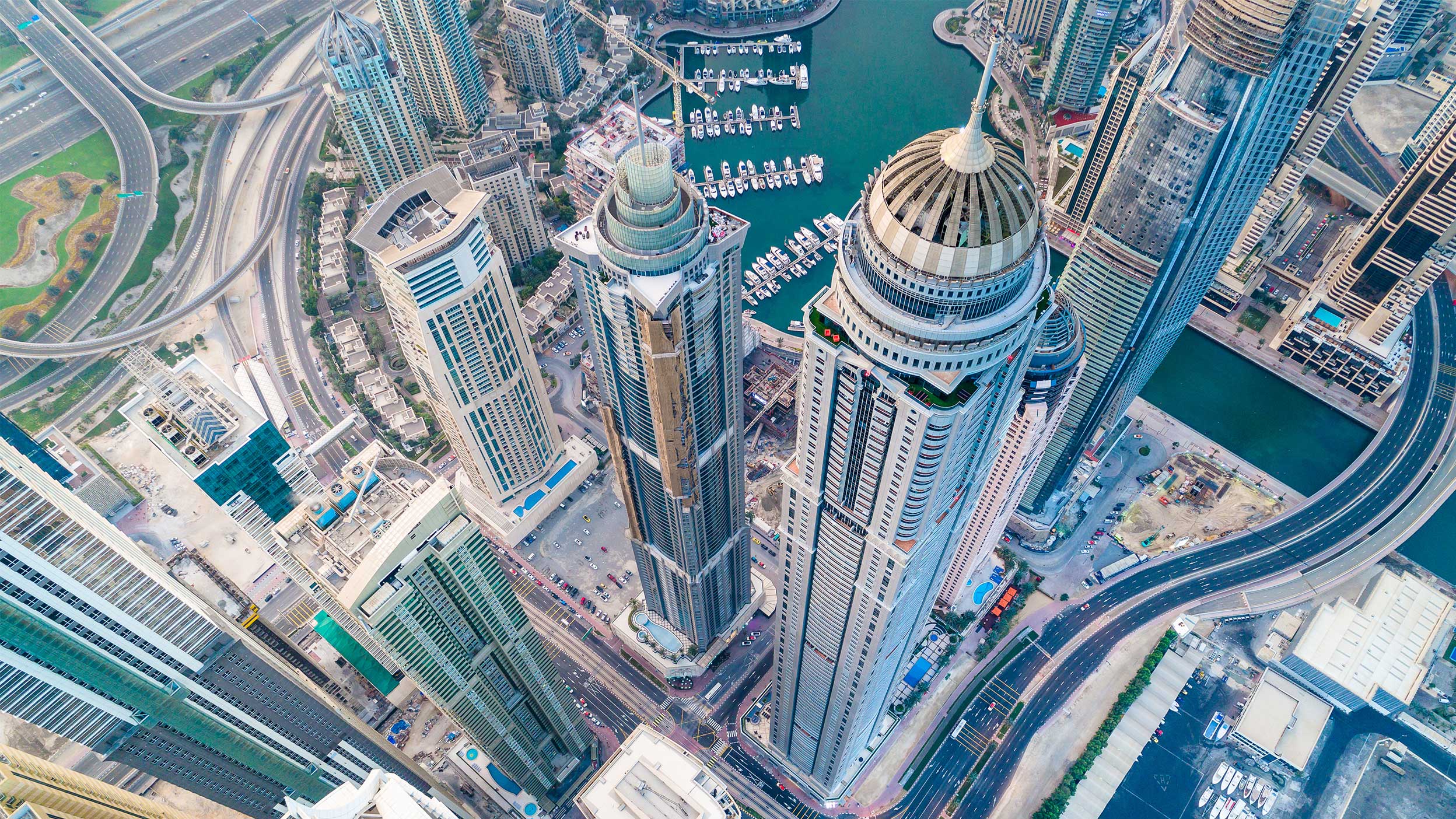 Aerial view of Dubai Marina skyline and waterways