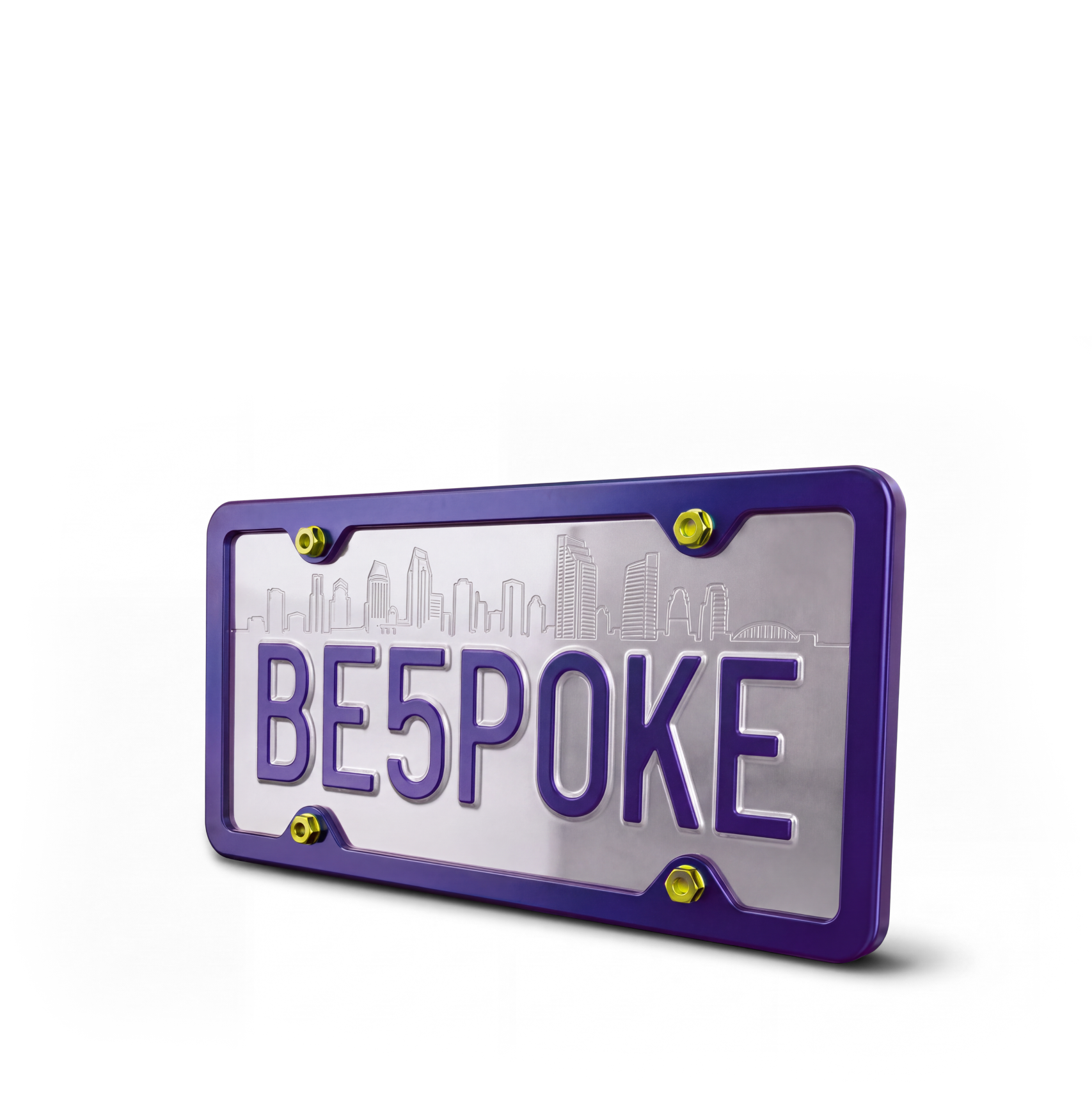 Decorative “BESPOKE” license plate in a purple frame