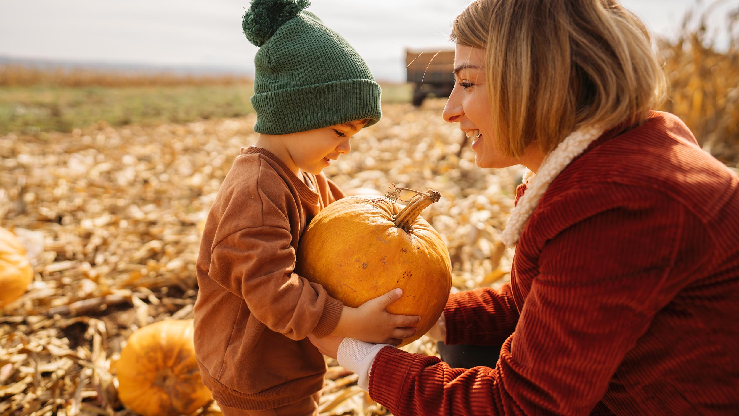 Photo of a woman and a child in a pumpkin patch.