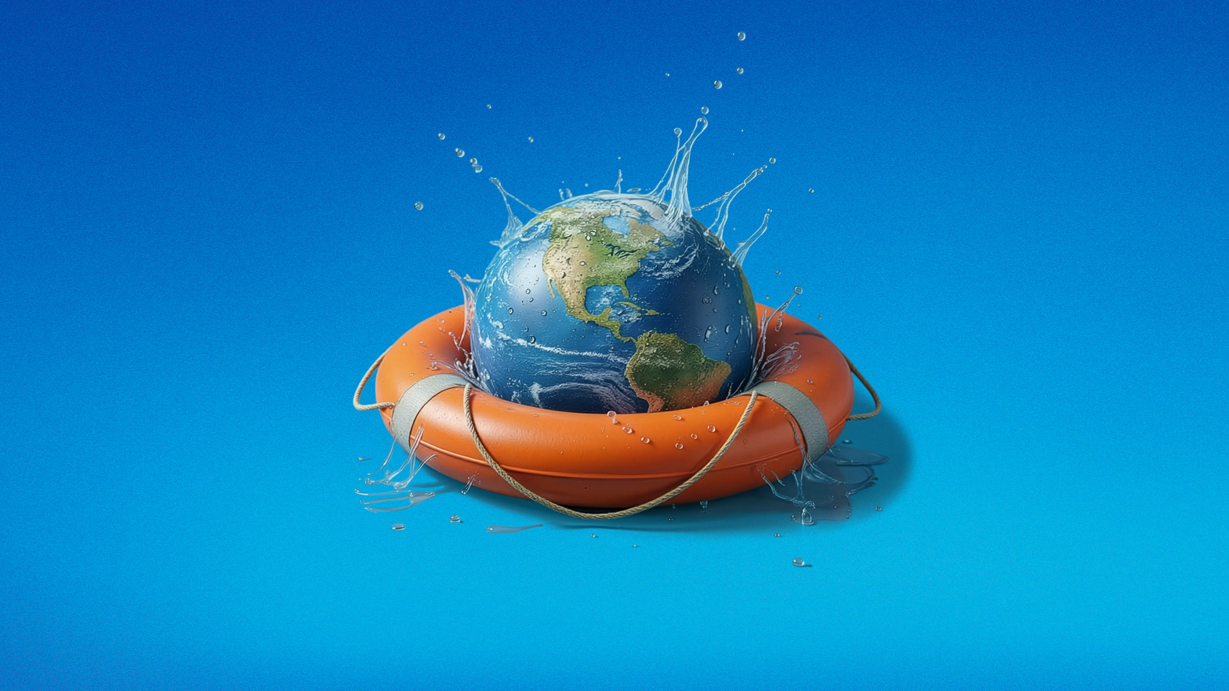 Earth in orange life preserver splashing water on blue background