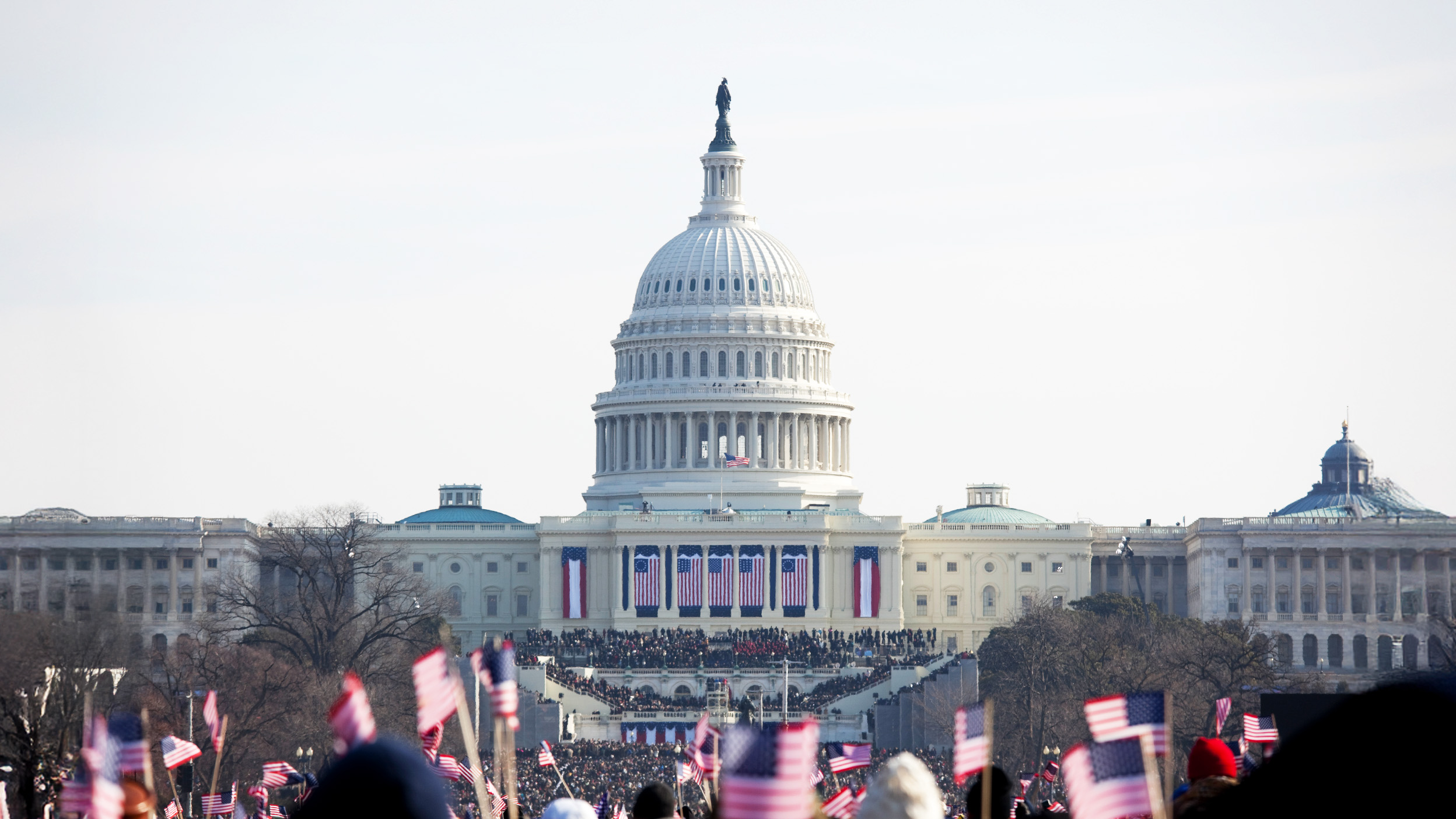 Woman in coat looking at the US Captiol building