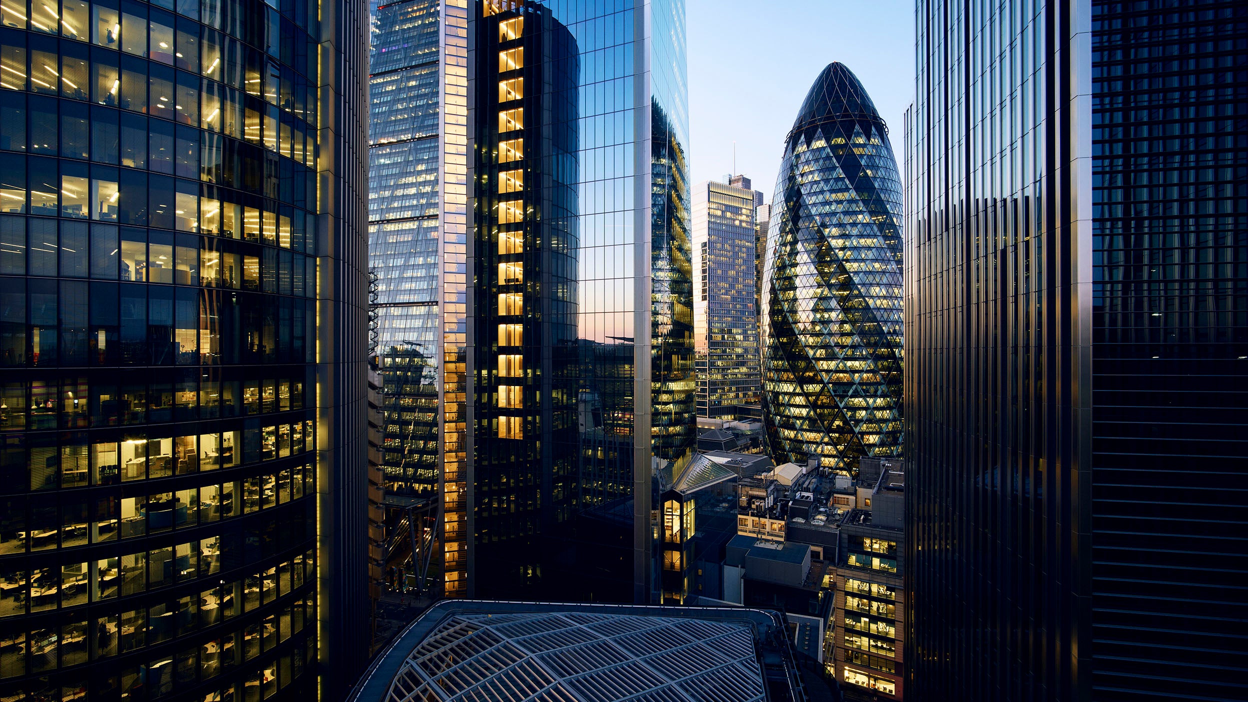 Sunset reflecting on skyscrapers
