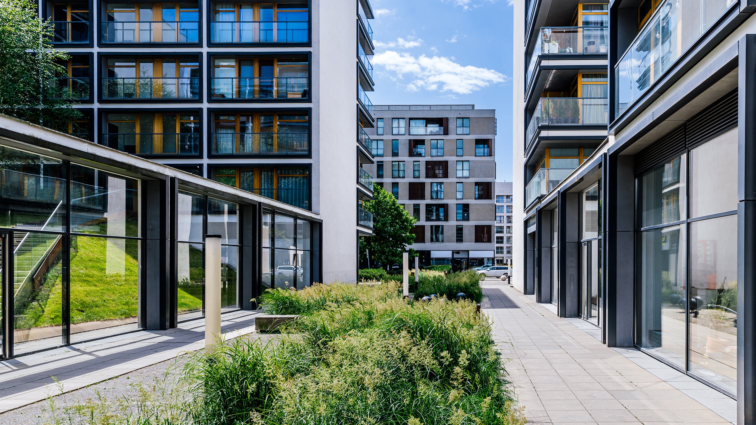 Walking path wsurrounded by buildings