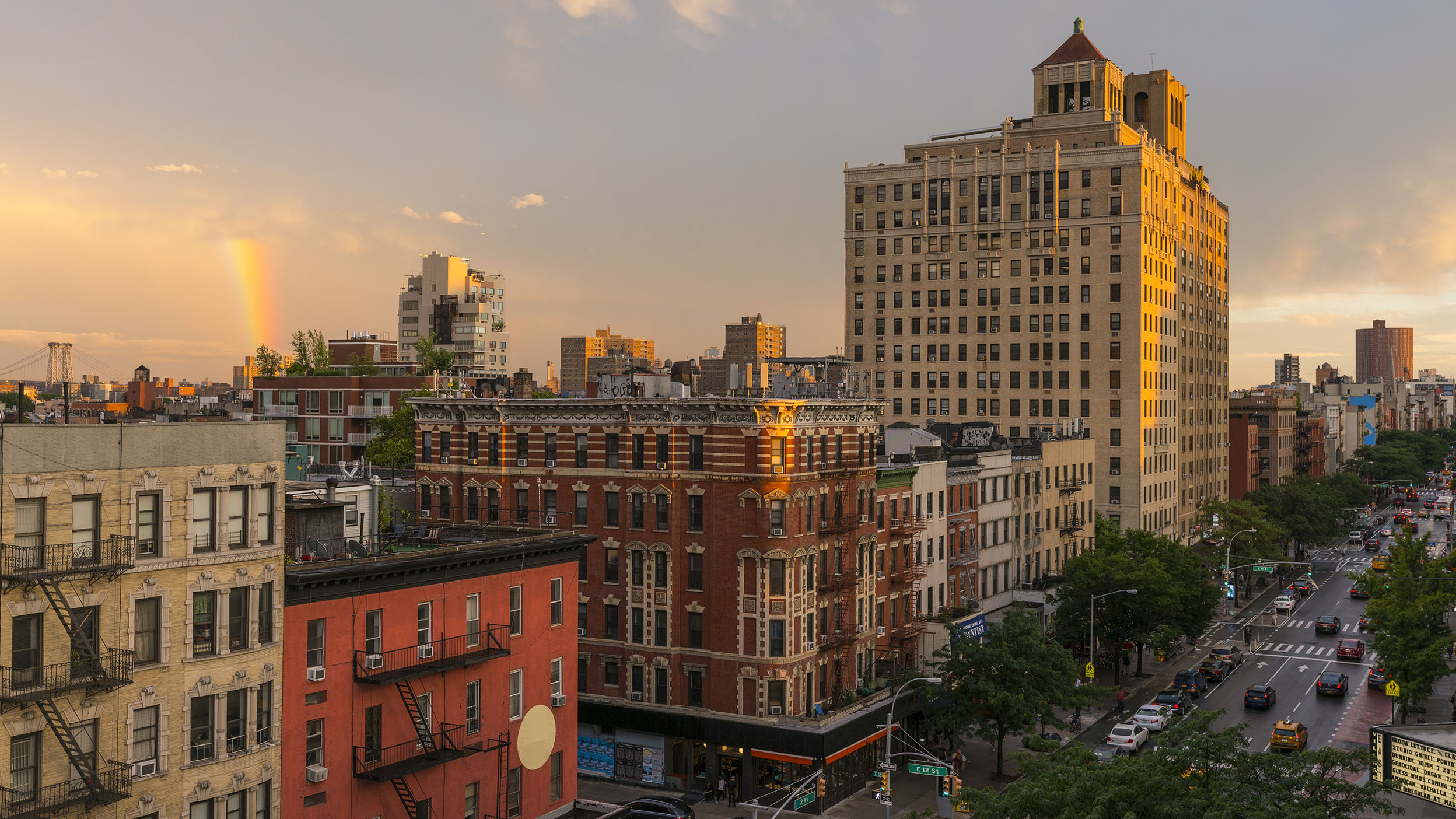 2nd Avenue traffic goes through among the buildings