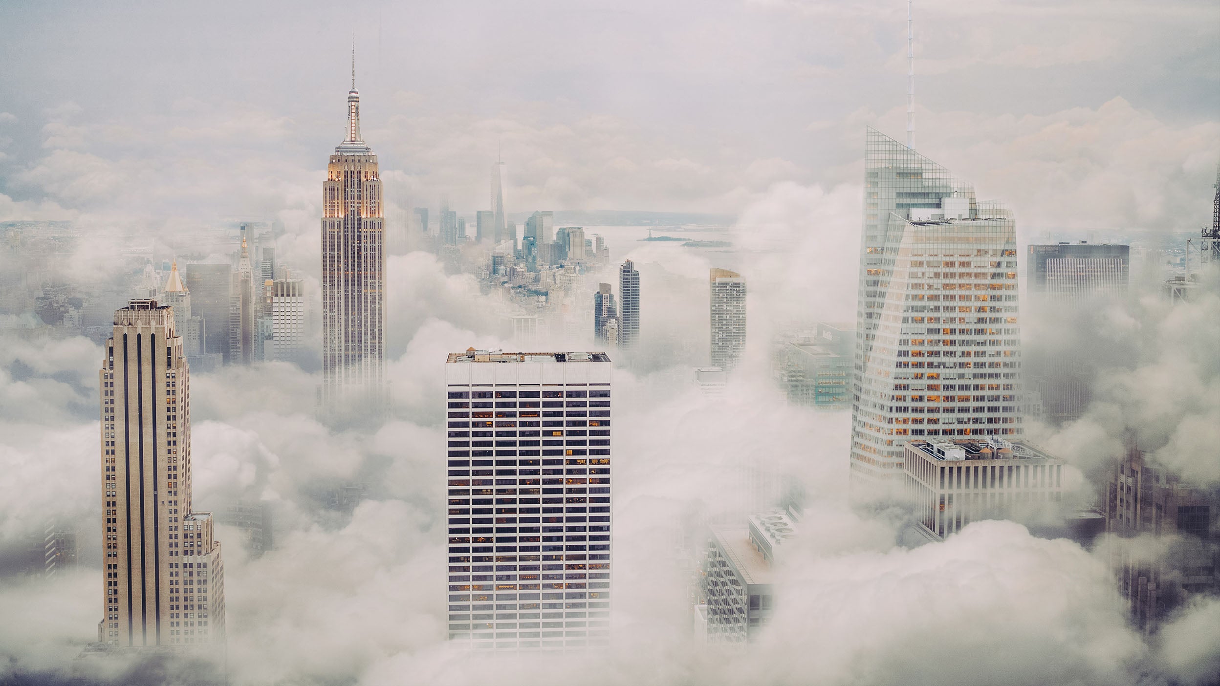 View of NYC buildings covered in fog