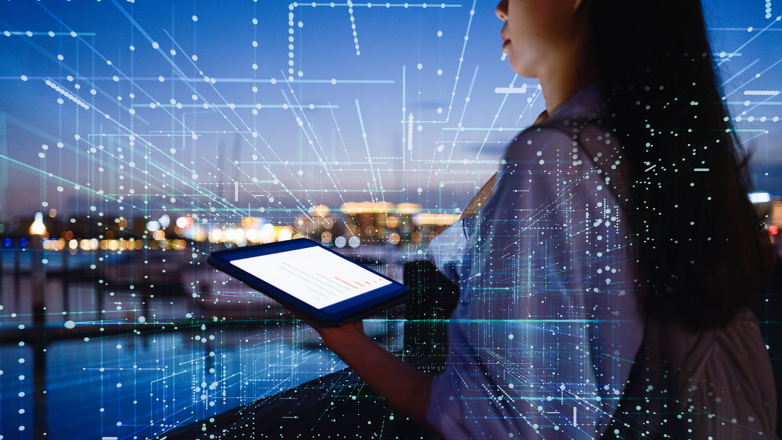 At night, a woman talks to artificial intelligence