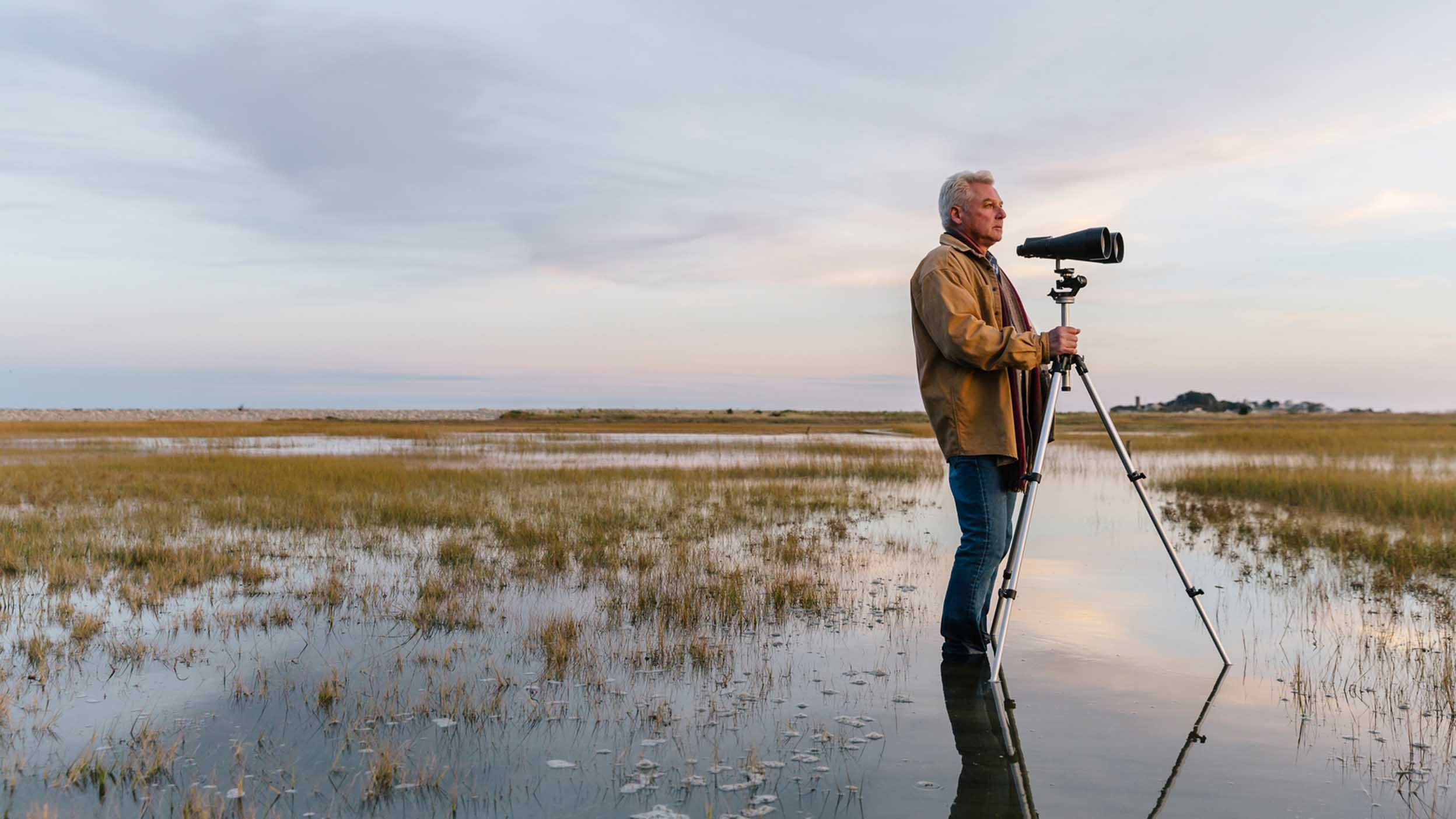 Landscape with senior citizen bird watching