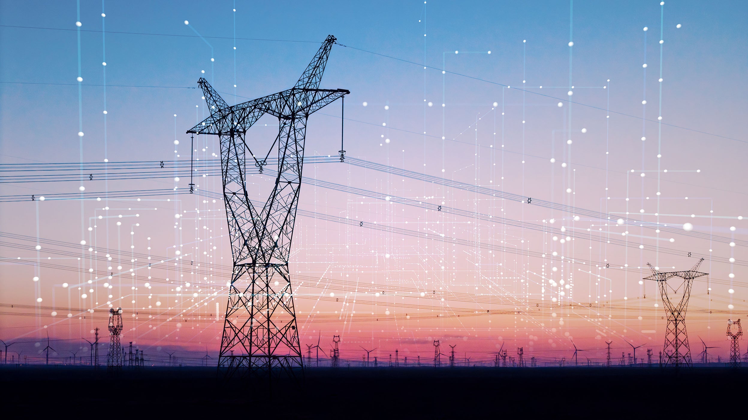 Electric towers during dusk.