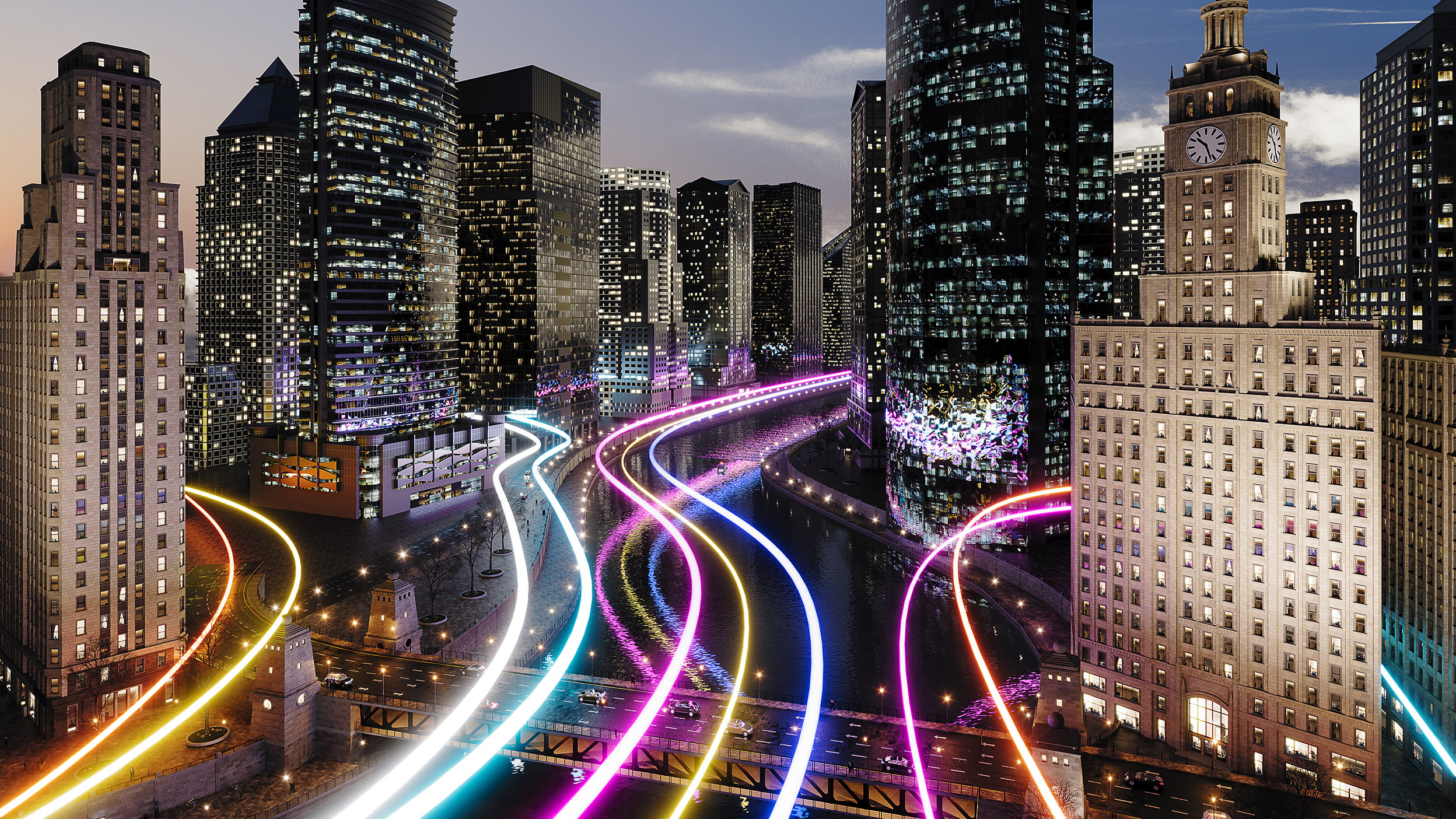 Night city skyline with river and colorful light trails reflecting between tall buildings