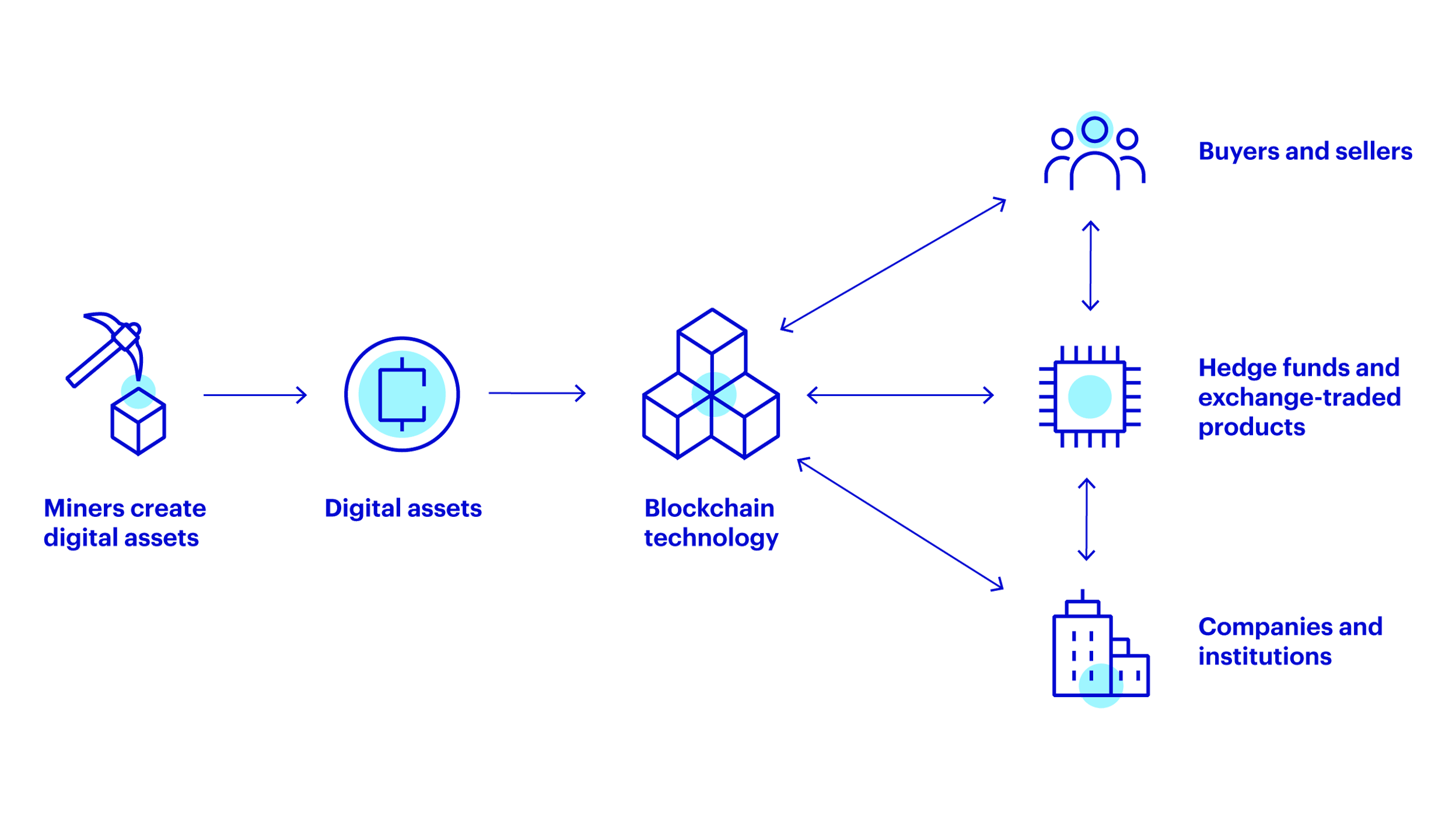 This visual shows how the digital asset ecosystem is connected amongst different participants, including cryptocurrency miners, blockchain users, investment funds, and more.