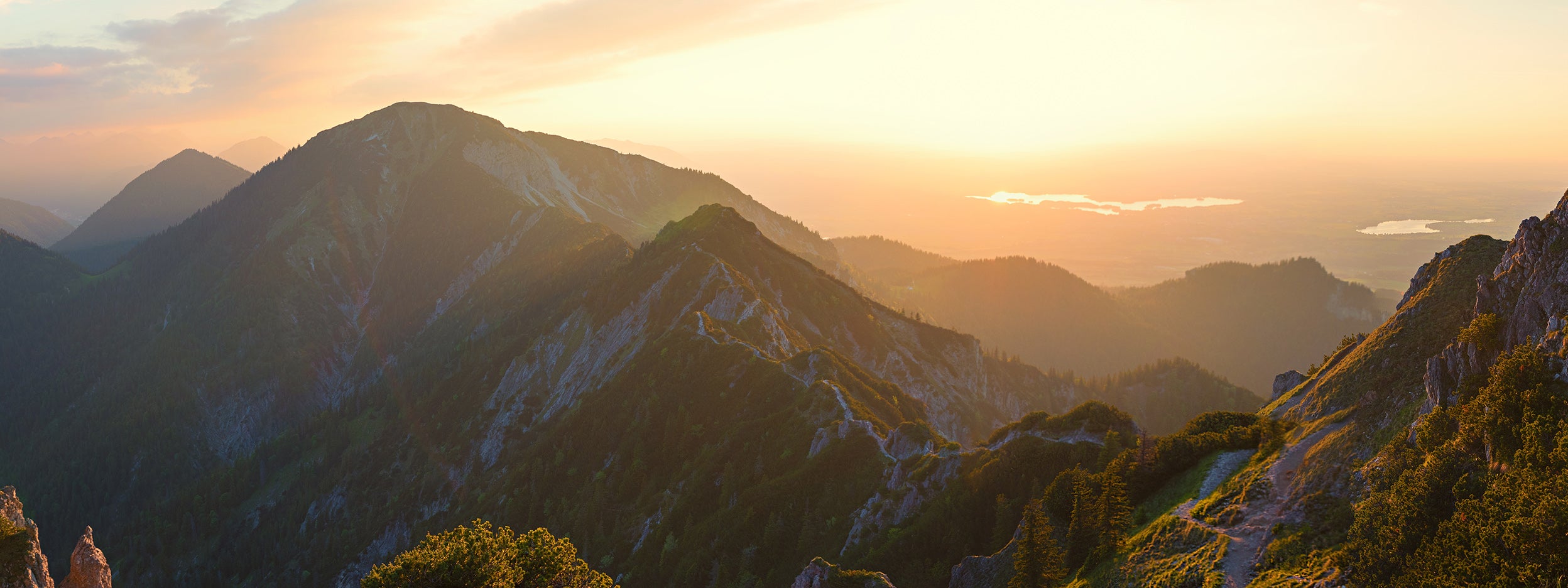 Alpine landscape panorama in the evening, herzogstand mountain